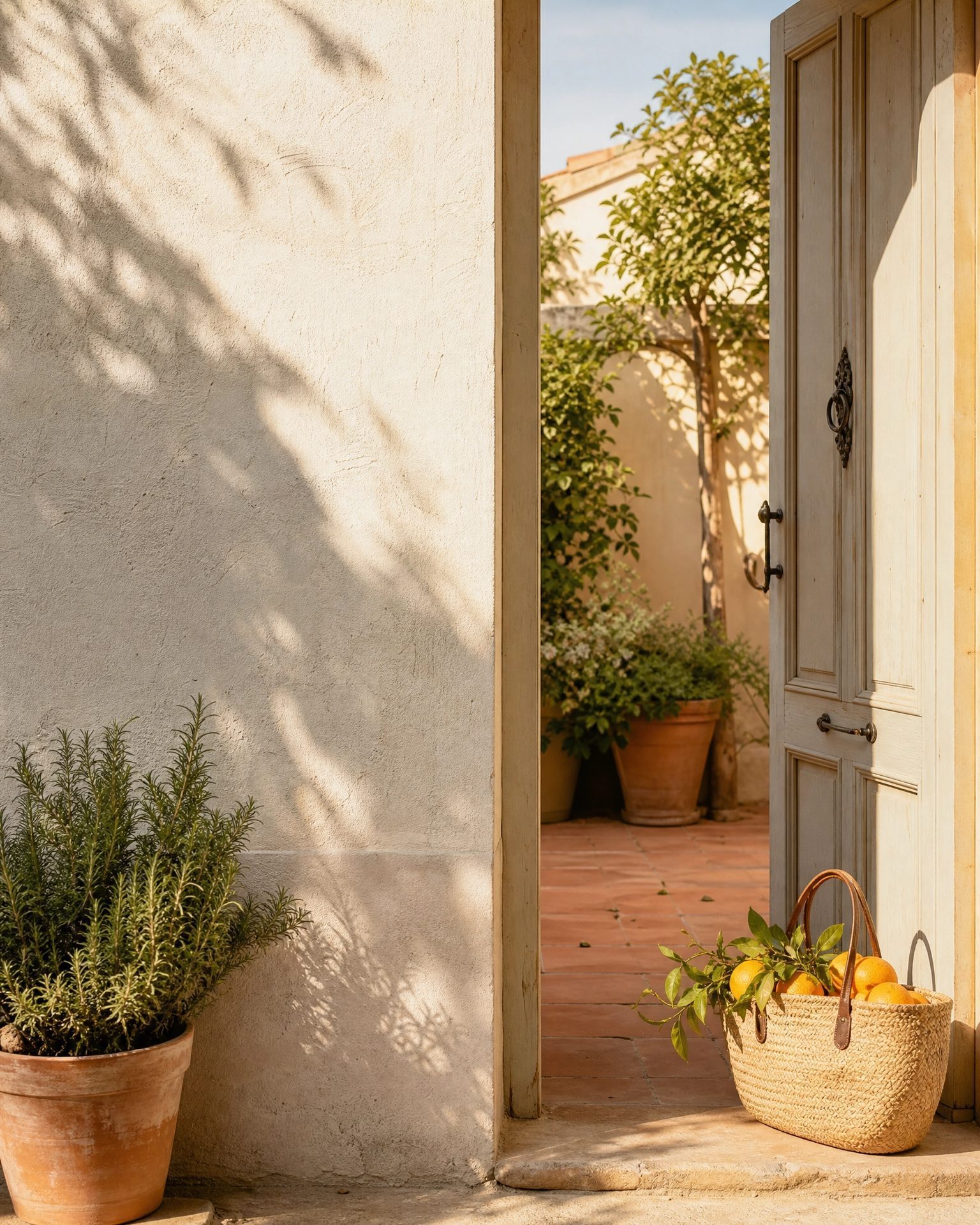 Patio con puerta abierta y plantas de romero